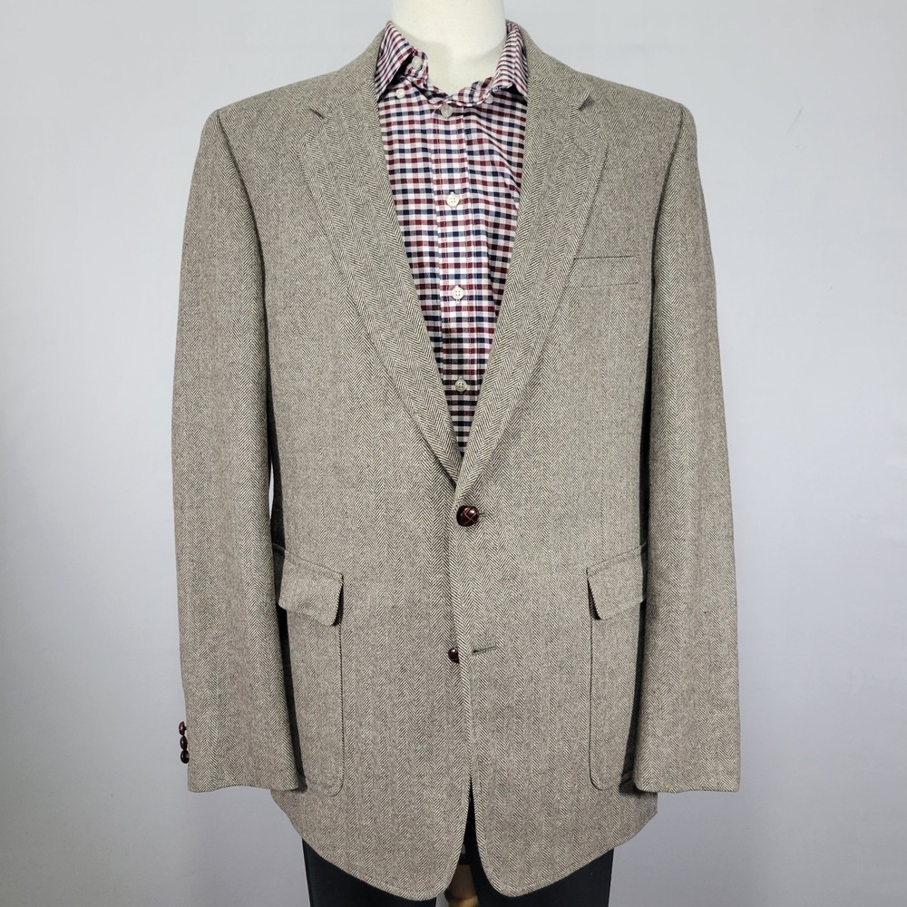 VTG Tweed Stlye Men's Sport Coat Blazer Two Button Herringbone BRN PolyWool 46XL